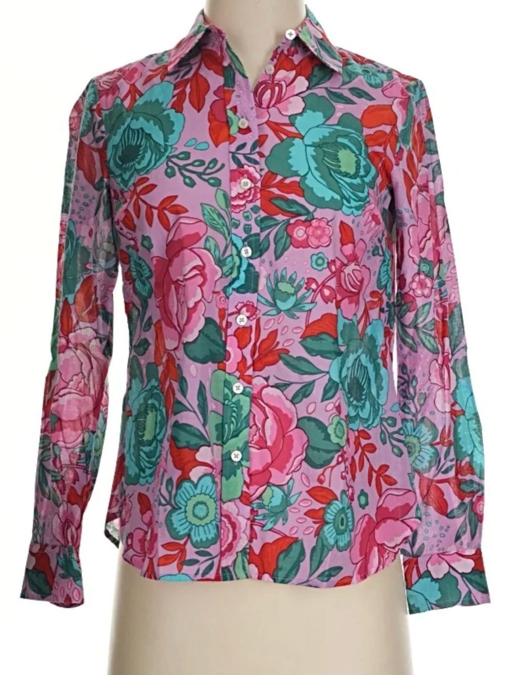 Talbots Pink Floral Button-Down with Green and Red Blooms